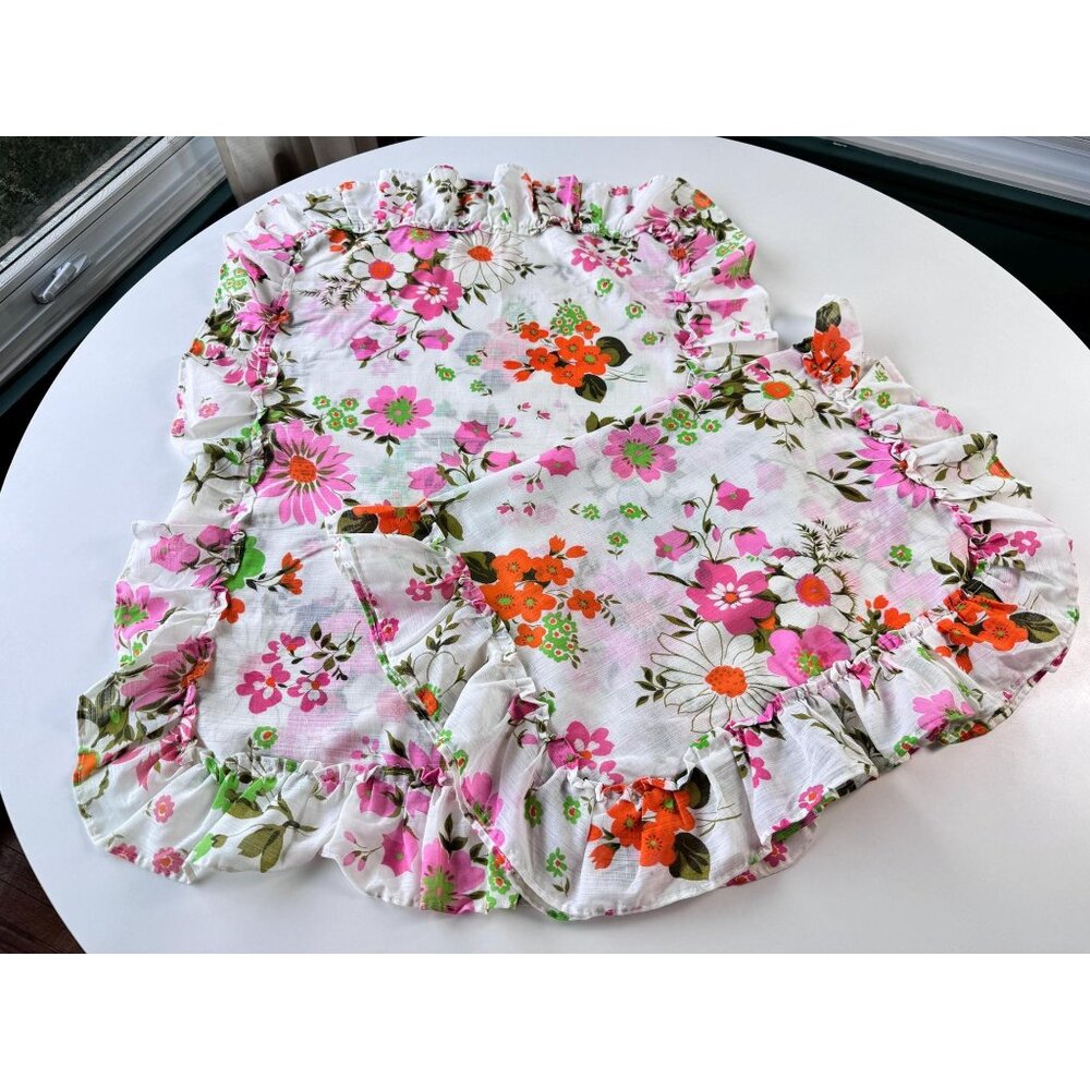 Vintage 70s decorative pillow covers, pink orange floral, ruffled, as a pair